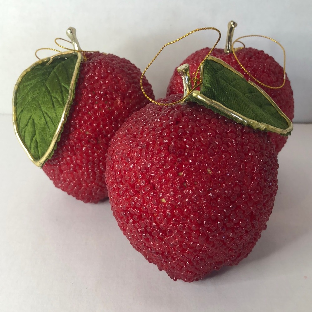 Lot of 3 Faux Beaded Bubbled Red Apple Decorations Ornaments 4 inch Tall